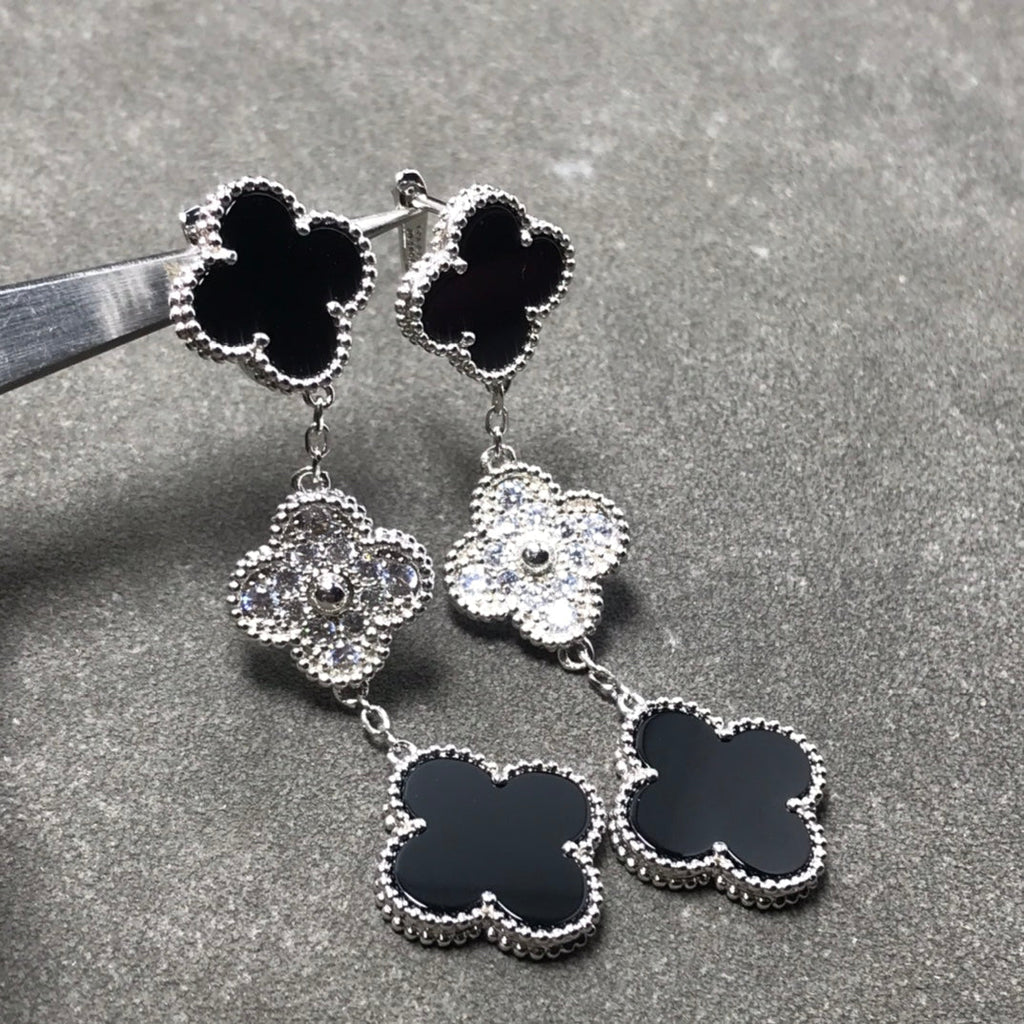 ¡®Loco¡¯CLOVER 3 MOTIF DIAMOND ONYX SILVER EARRINGS