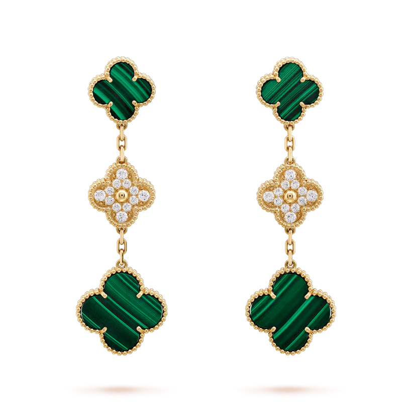 ¡®Loco¡¯CLOVER EARRINGS GOLD MALACHITE DIAMOND 3 MOTIF